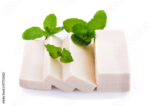 Closeup tofu and mint on white background