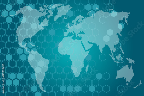 Vector illustration on business theme with block chain elements. The network envelops the planet.