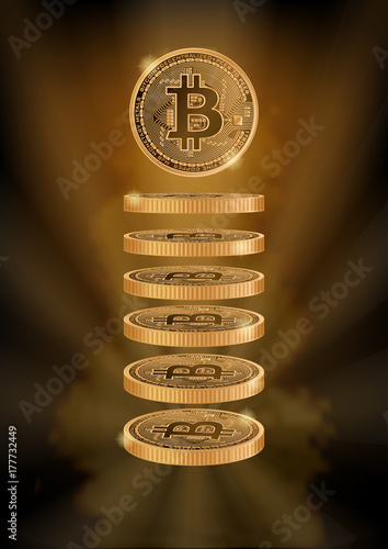Vertical dark background with realistic golden bitcoins. Gold coins. Stock vector illustration