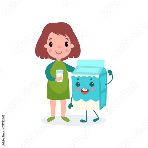 Cute girl with glass of milk and humanized cardboard milk box, healthy food for kid cartoon vector illustration