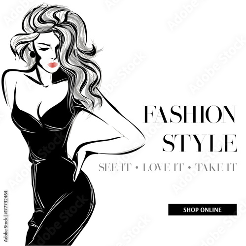 Black and white fashion sale banner with woman fashion silhouette, online shopping social media ads web template with beautiful girl. Vector illustration