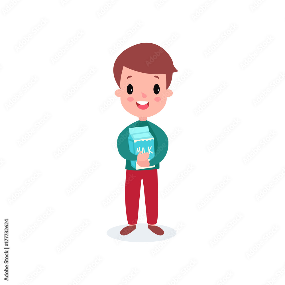 Cute smiling boy holding cardboard box of milk, healthy food for kid cartoon vector illustration