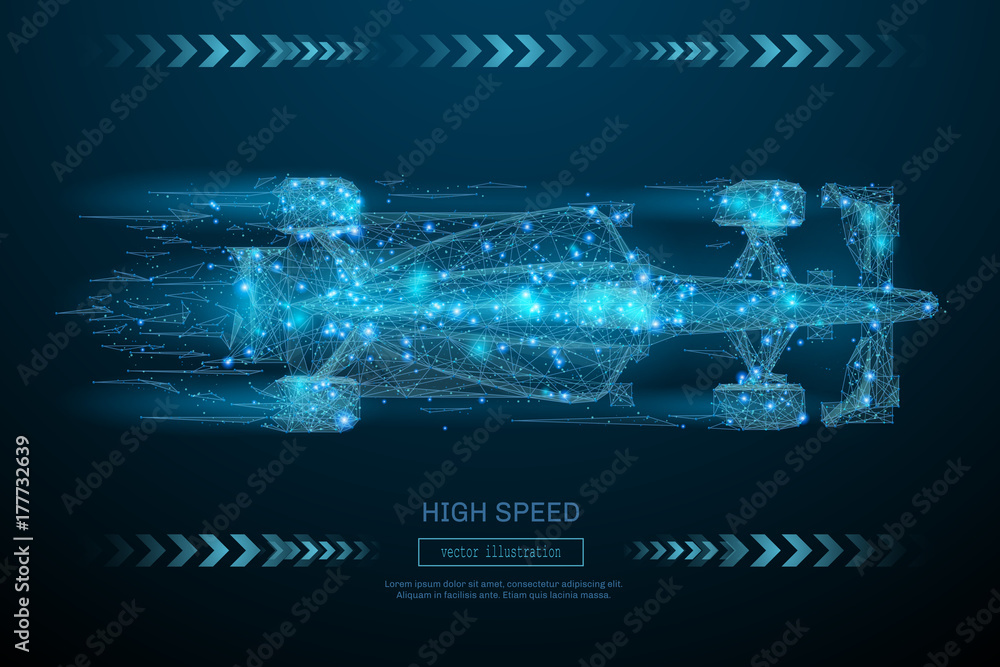 Fototapeta premium Low Poly wireframe F1 bolid. Koncepcja wysokiej prędkości. Kulki z siatki wektorowej z latających szczątków. Koncepcja cienkiej linii. Ilustracja styl niebieski struktury. Sportowy obraz wielokątny