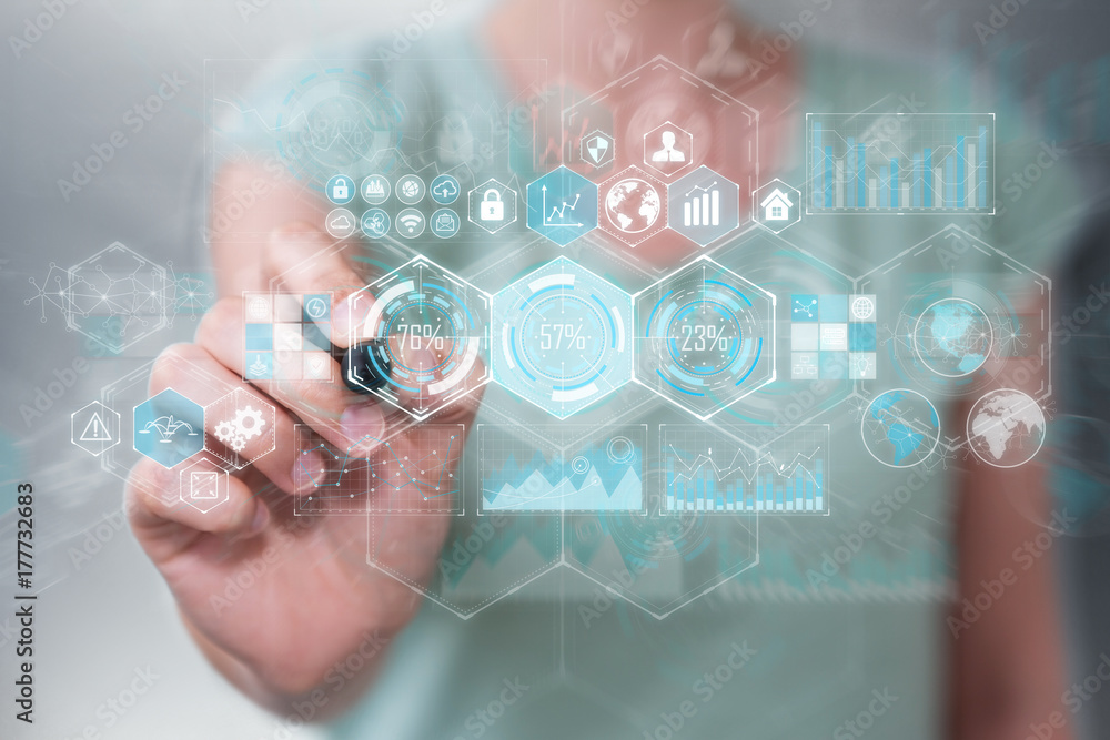 Fototapeta premium Businesswoman using holograms datas on digital screens with a pen 3D rendering