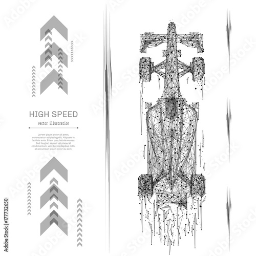 Sport bolid F1 low poly wireframe isolated black on white background. Abstract mash line and point origami. Vector illustration. High speed with geometry triangle. Light connection structure.