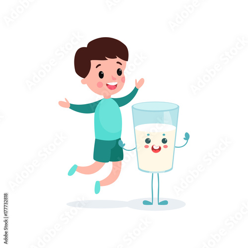 Cute boy having fun with humanized glass of milk with smiling face, healthy food for kid cartoon vector illustration