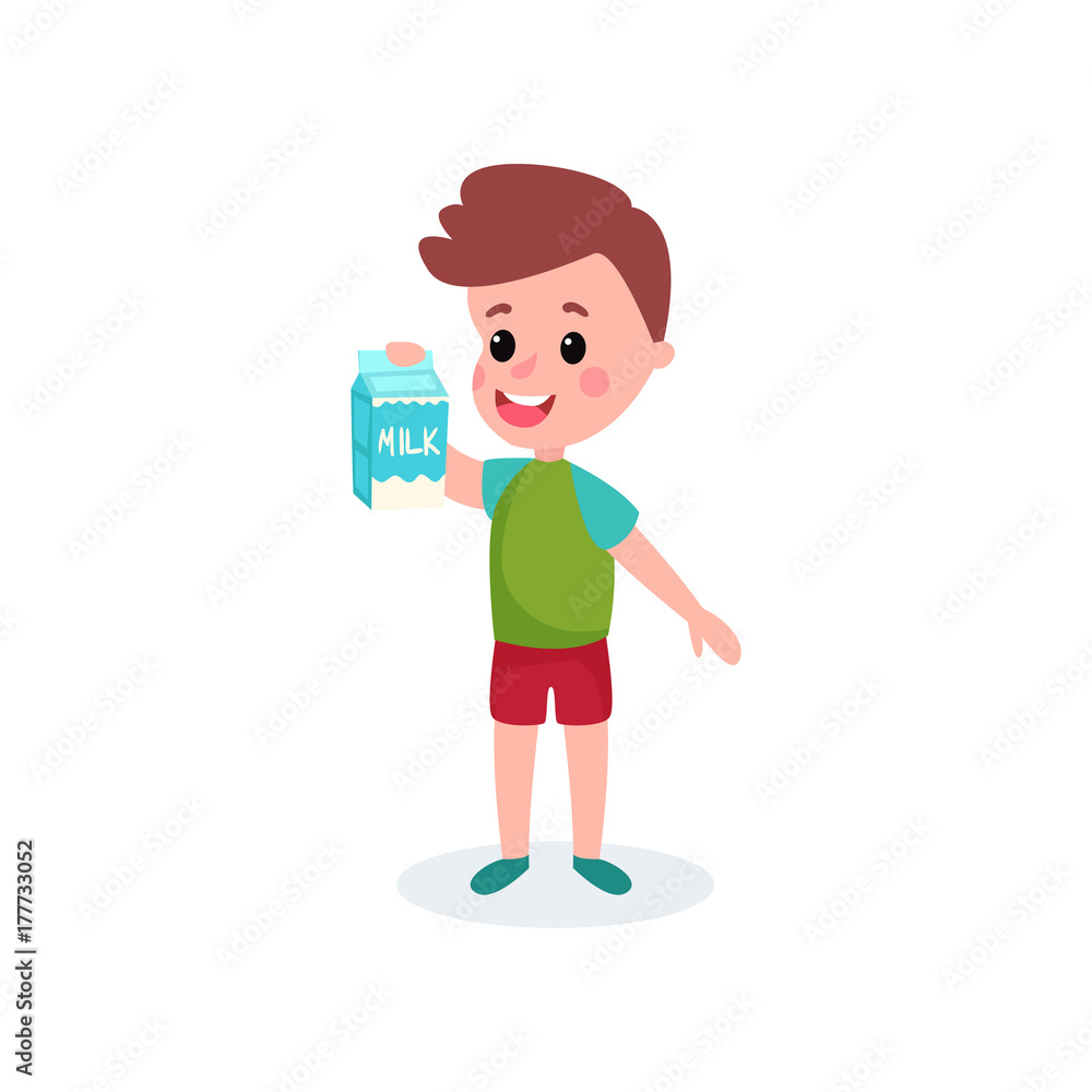 Cute boy with cardboard box of milk in his hands, healthy food for kid cartoon vector illustration