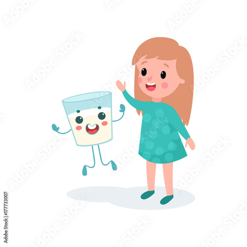 Sweet girl having fun with humanized glass of milk, healthy food for kid cartoon vector illustration