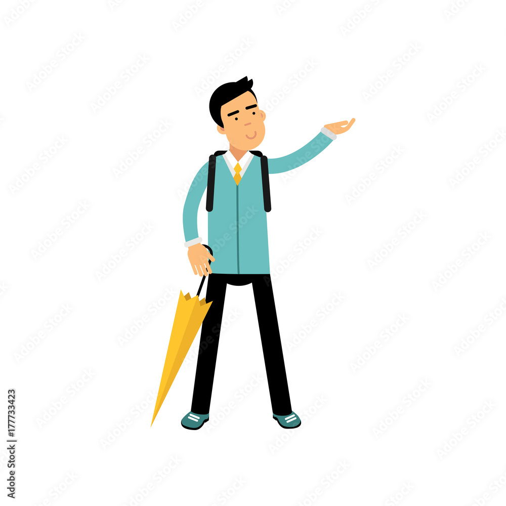 Young man standing with umbrella vector illustration