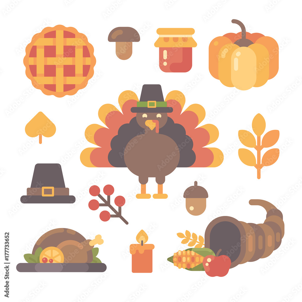 Fototapeta premium Set of Thanksgiving flat icons on white background. Various autumn items