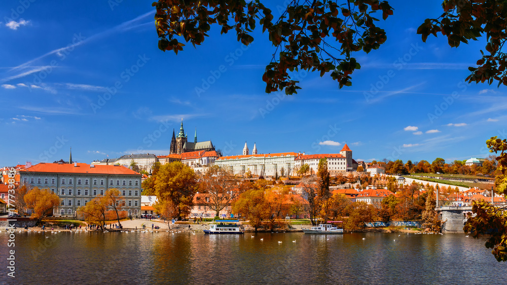 Prague Castle and Old City day view with blue sky, travel vivid autumn european background. Czech Republic Prague Castle and Old City day view with blue sky, travel vivid autumn european background. Czech Republic