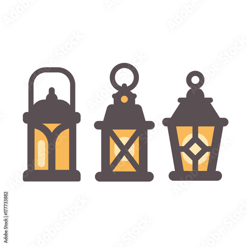 Set of three old lanterns flat icons