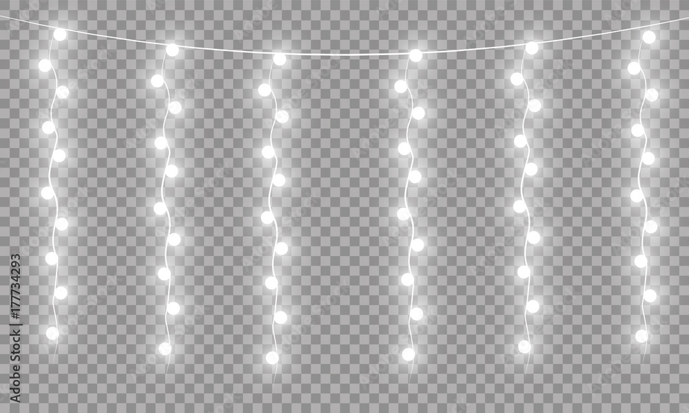 Glowing Christmas lights isolated realistic design elements. Garlands, Christmas decorations lights effects