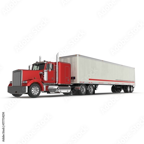 Red truck with a trailer on white 3D Illustration