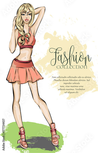 Fashion collection advertising brochure with trendy girl in sketch style, beaty woman model with text template, vector illustration