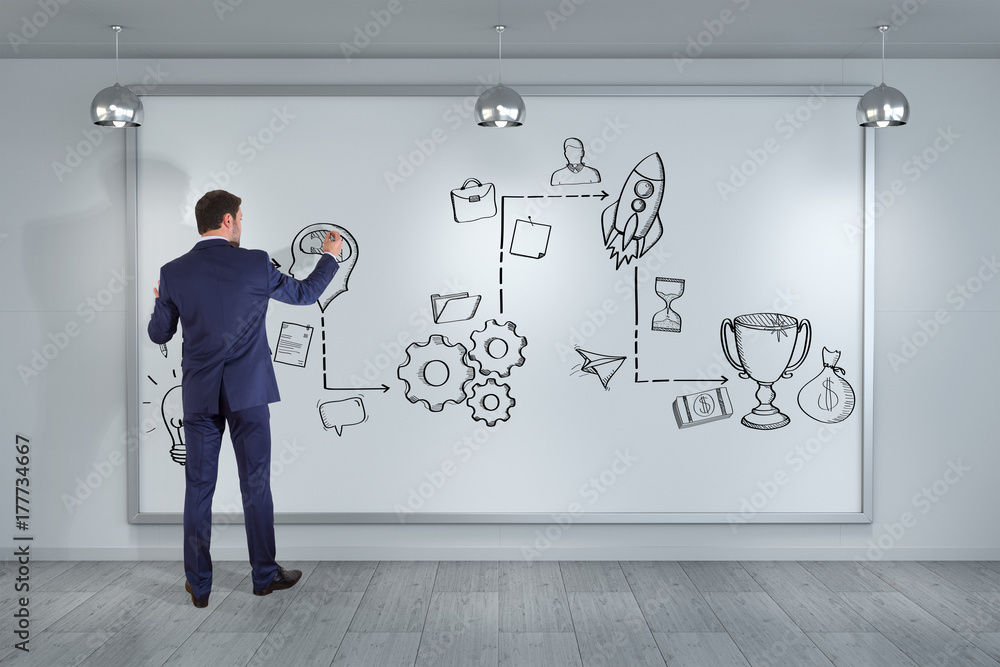Businessman drawing a project sketch on a board 3D rendering Businessman drawing a project sketch on a board 3D rendering