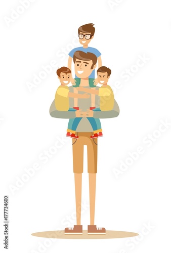 Happy father With 3 Children. Stock flat vector illustration.
