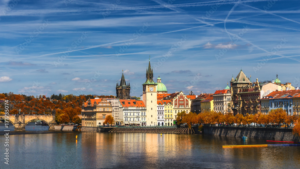 Prague, Czezh Republic. Scenic autumn aerial view of the Old Town with red foliage