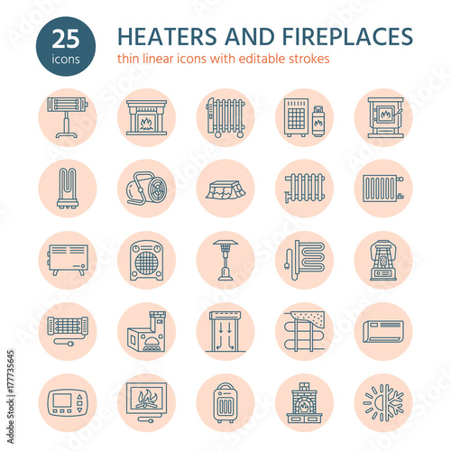 Oil heater, fireplace, convector, panel column radiator and other house heating appliances line icons. Home warming thin linear pictogram such as kotatsu, Russian oven. Equipment store signs.