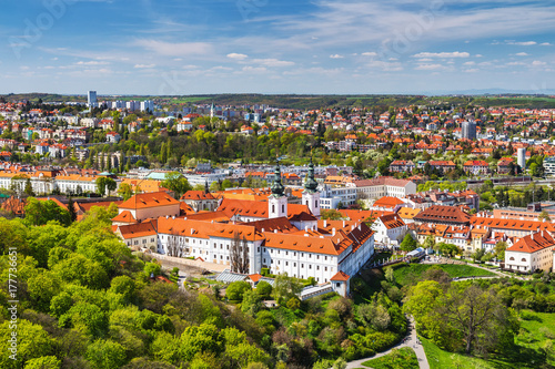View of Strahov Monastery in Prague, Czech Republice. Red roofs and parks