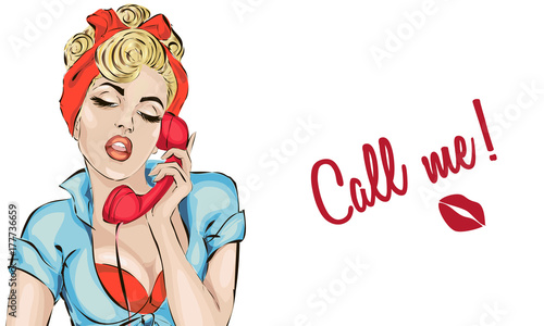 Sexy Pin-up woman answers the phone. Vector pop art comics retro style illustration