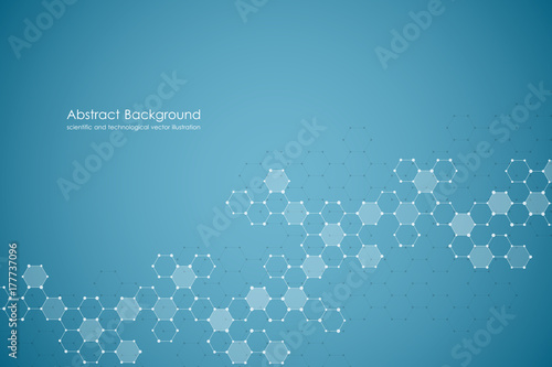 Abstract hexagonal molecule background, genetic and chemical compounds system. Geometric graphics and connected lines with dots. Scientific and technological concept, vector illustration
