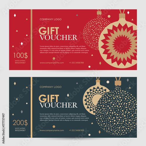 Christmas gift certificate. New Year gift voucher. Golden Christmas balls on a red and blue background. 