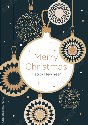 Christmas greeting card. Golden Christmas balls on a dark blue background. New Year's design template with a window for text. Vector flat. Vertical format