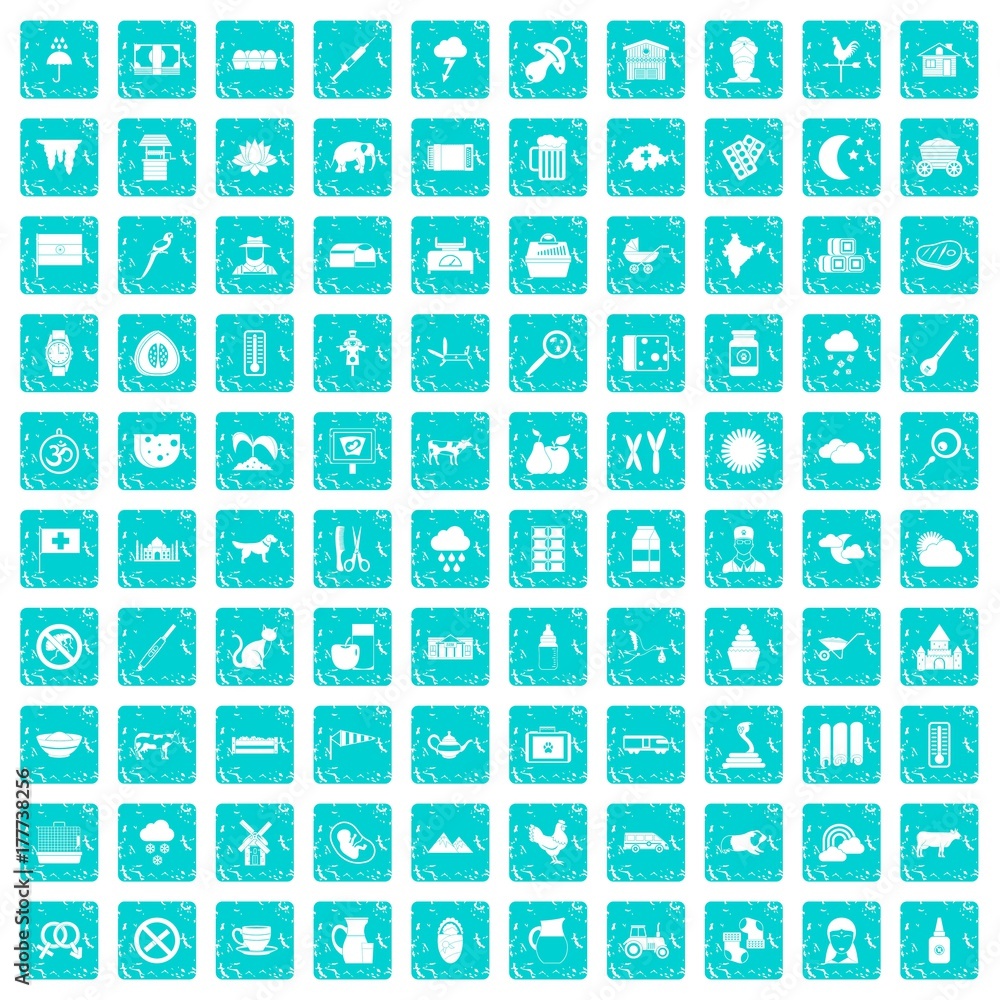 100 cow icons set grunge blue 100 cow icons set grunge blue