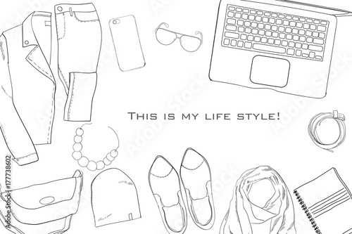 illustration of Hand drawn, doodle flat lay coordination. Feminine clothes and accessorize collage. Women trendy fashion. Top views. Template for blogger, social media.