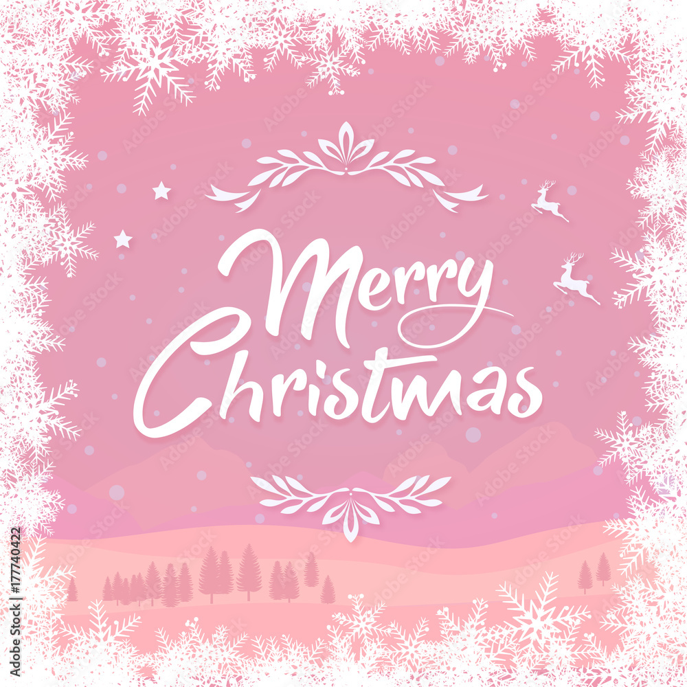 The pink winter Christmas background and snowflake border