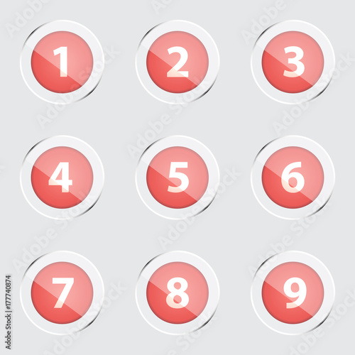 Collection of shiny and glossy red buttons with numbers and silver rings. Illustration of number icons on modern design isolated on gray background.