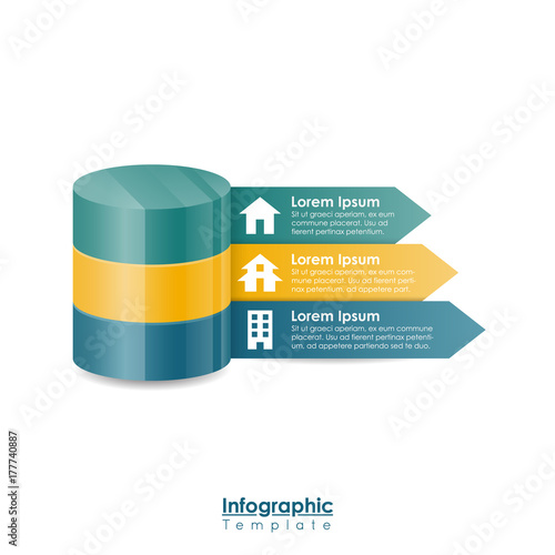 Property or real estate infographic template in blue and yellow tape design with icons and space for text isolated on white background. Illustration of a modern 3 step infograph.