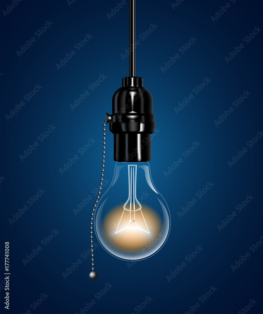 toewijzen Surichinmoi procent A realistic electric light bulb hanging from the ceiling. An Ebonite lamp  holder with a chain switch. Vector illustration. Stock Vector | Adobe Stock
