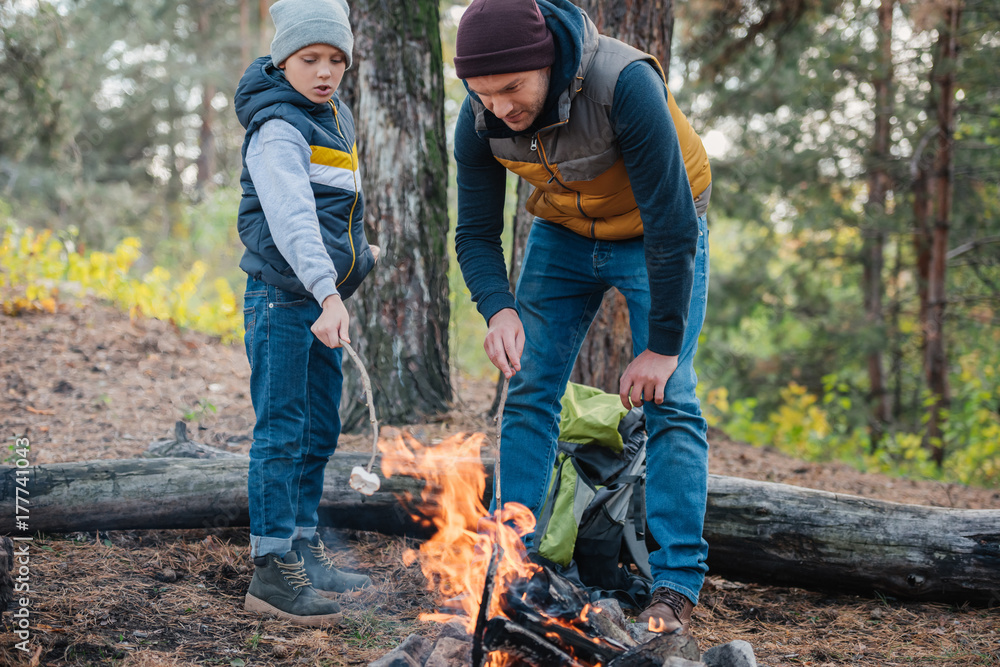 father and son cooking marshmallows in forest father and son cooking marshmallows in forest