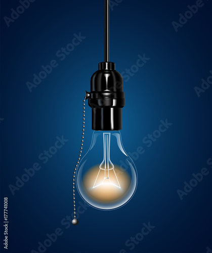 A realistic electric light bulb hanging from the ceiling. An Ebonite lamp holder with a chain switch. Vector illustration.
