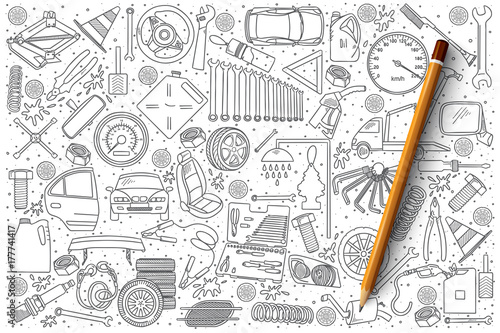 Hand drawn set of car service vector doodles