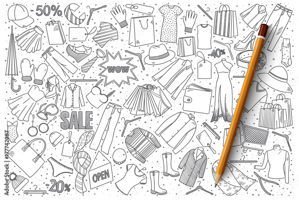 Hand drawn set of shopping vector doodles
