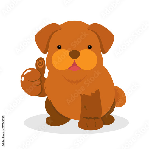 Cute chubby fat brown puppy dog giving thumbs up sign in flat style. Common hand gesture. Lovely adorable pet. Vector illustration