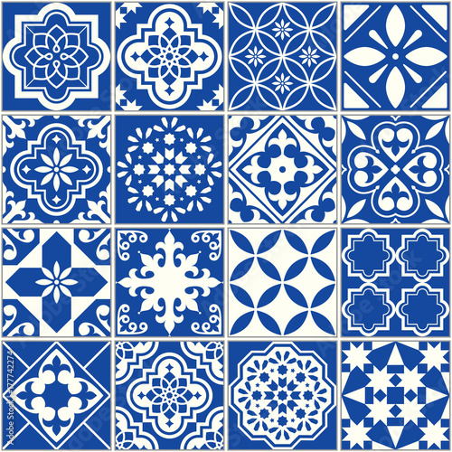 Spanish or Portuguese vector tile pattern, Lisbon floral mosaic, Mediterranean seamless navy blue ornament