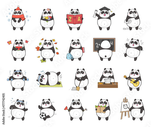 Set of cute panda character with different activity, isolated on white background