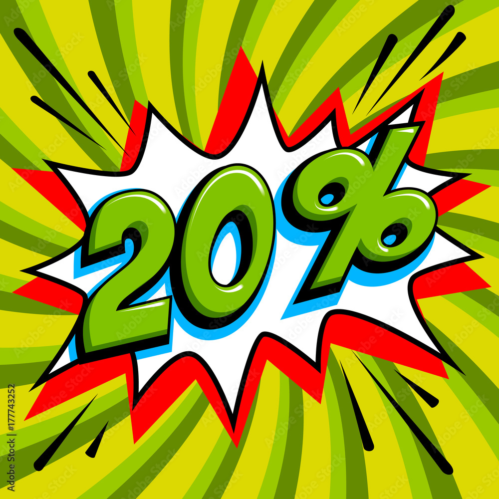 20 off. Twenty percent 20 off sale on green pop art background. Comics pop-art style bang shape. Seasonal sale banner. falling prices discounts