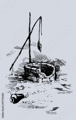 Man and camels at withered well in desert. Vector drawing