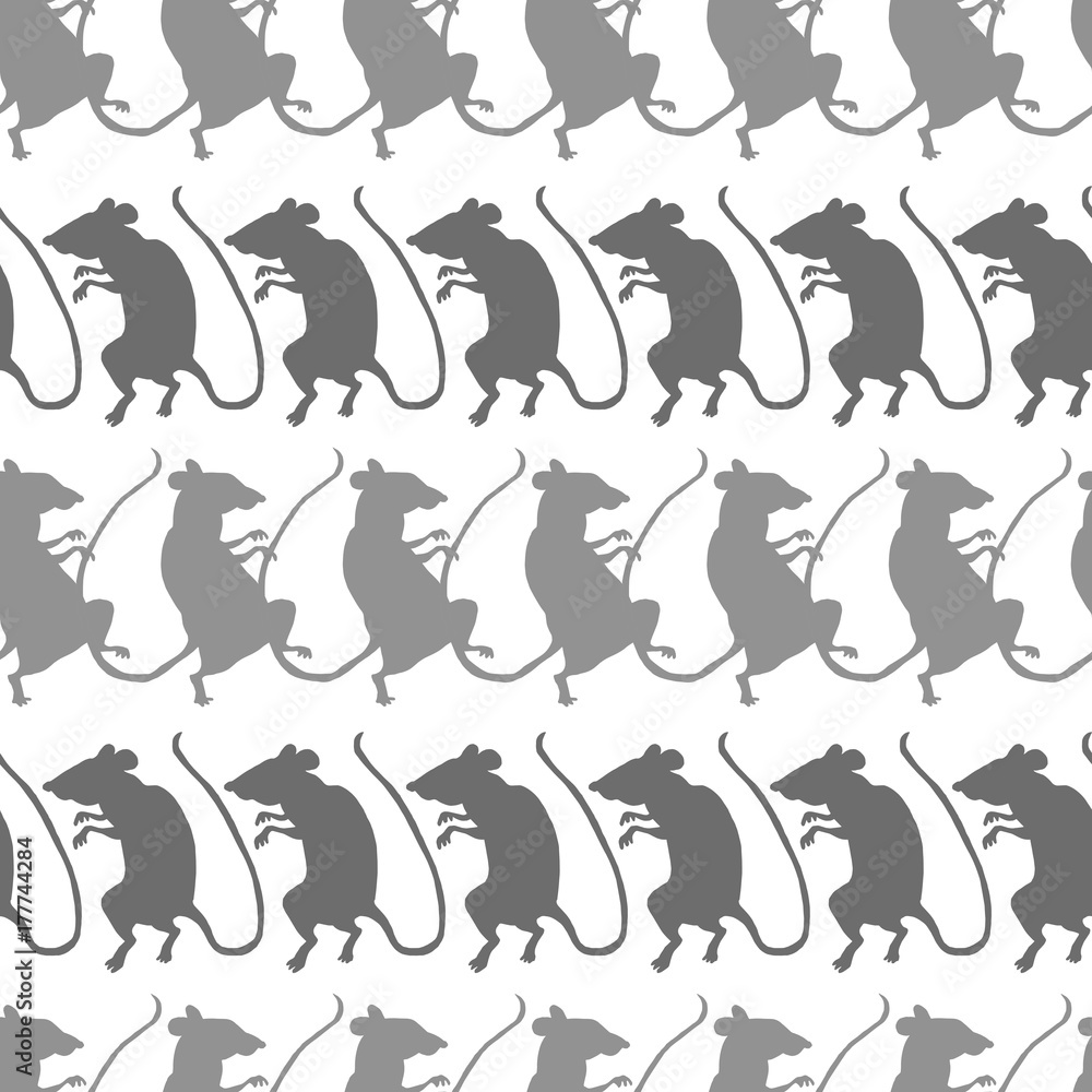 Rat silhouettes, light and dark gray, on white background. Seamless pattern.