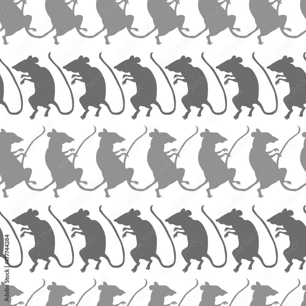 Rat silhouettes, light and dark gray, on white background. Seamless pattern. Rat silhouettes, light and dark gray, on white background. Seamless pattern.