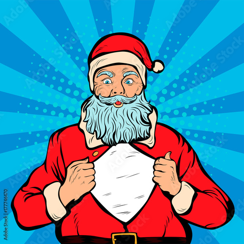 Santa Claus super hero. Pop art retro vector illustration. Christmas background. Santa Claus in red costume with open coat and place for logo or text.