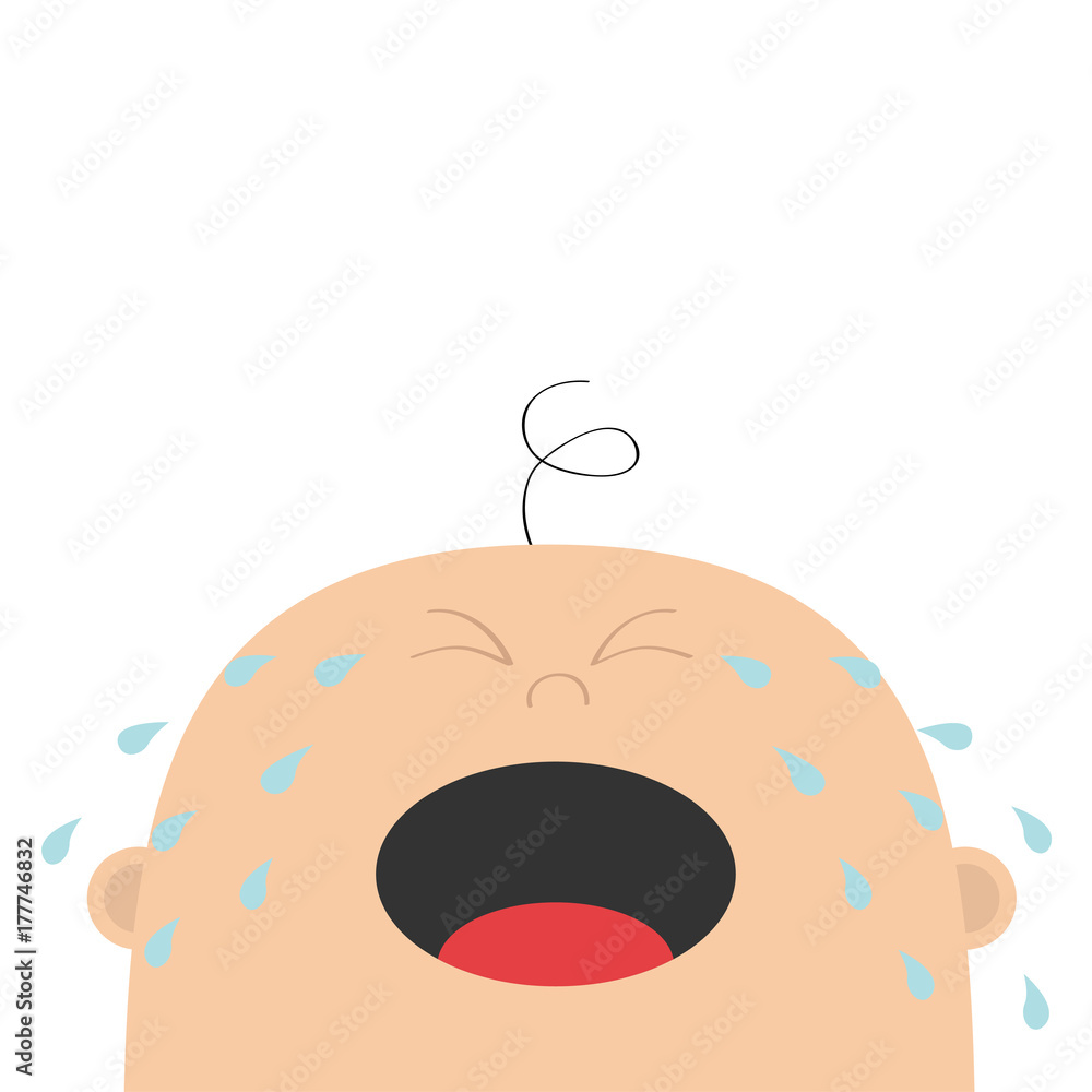 Baby crying tears. Kid face looking up. Cute cartoon sad character. Funny  head with hair, eyes, nose, open mouth. Its a boy. Greeting card template.  Flat design. White background. Isolated. Stock Vector |