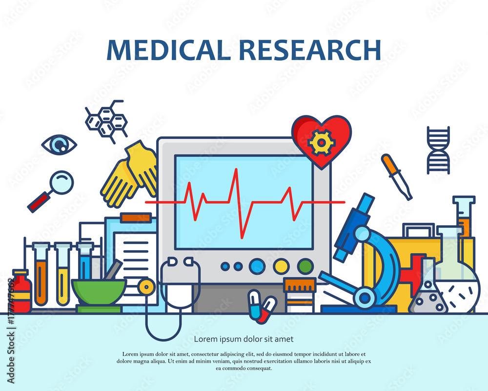 Medical research concept in modern flat line style. Diagnosis, science and a lot of medicine icons. Banner for website or magazne. Header, poster, flyer backdrop. Cartoon design.