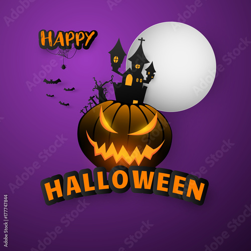 Happy Halloween Text Banner background. Paper cut vector illustration