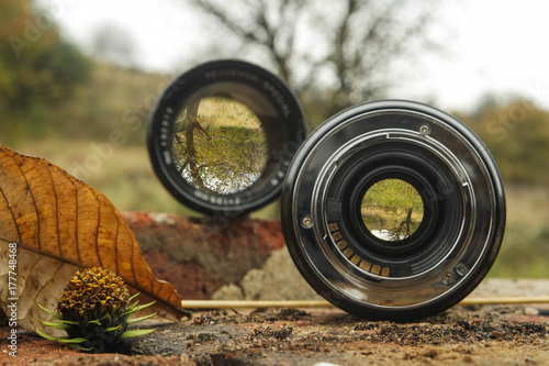 Autumn landscape view, through camera lenses with different focal lengths.